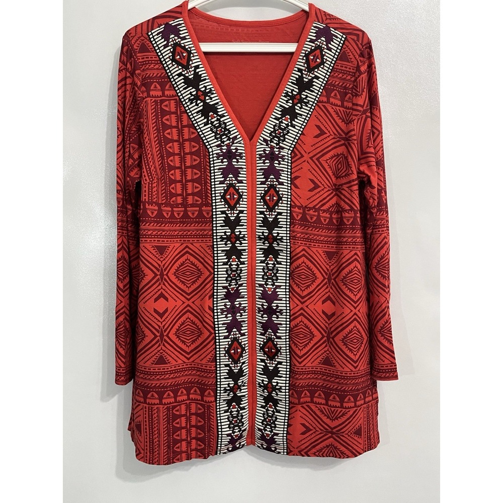 Soft Surroundings Large Kalahari Red Embroidered Aztec Tunic Top Boho